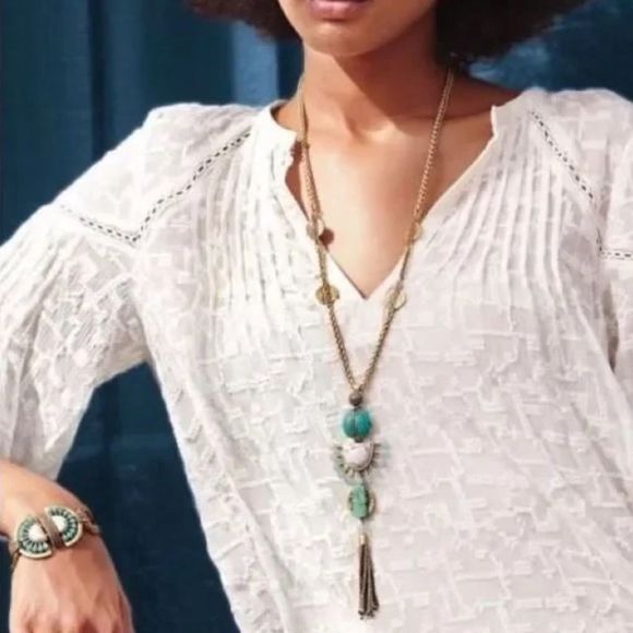 EUC Stella & Dot Totem Tassel Necklace Turquoise Gold - Picture 4 of 13